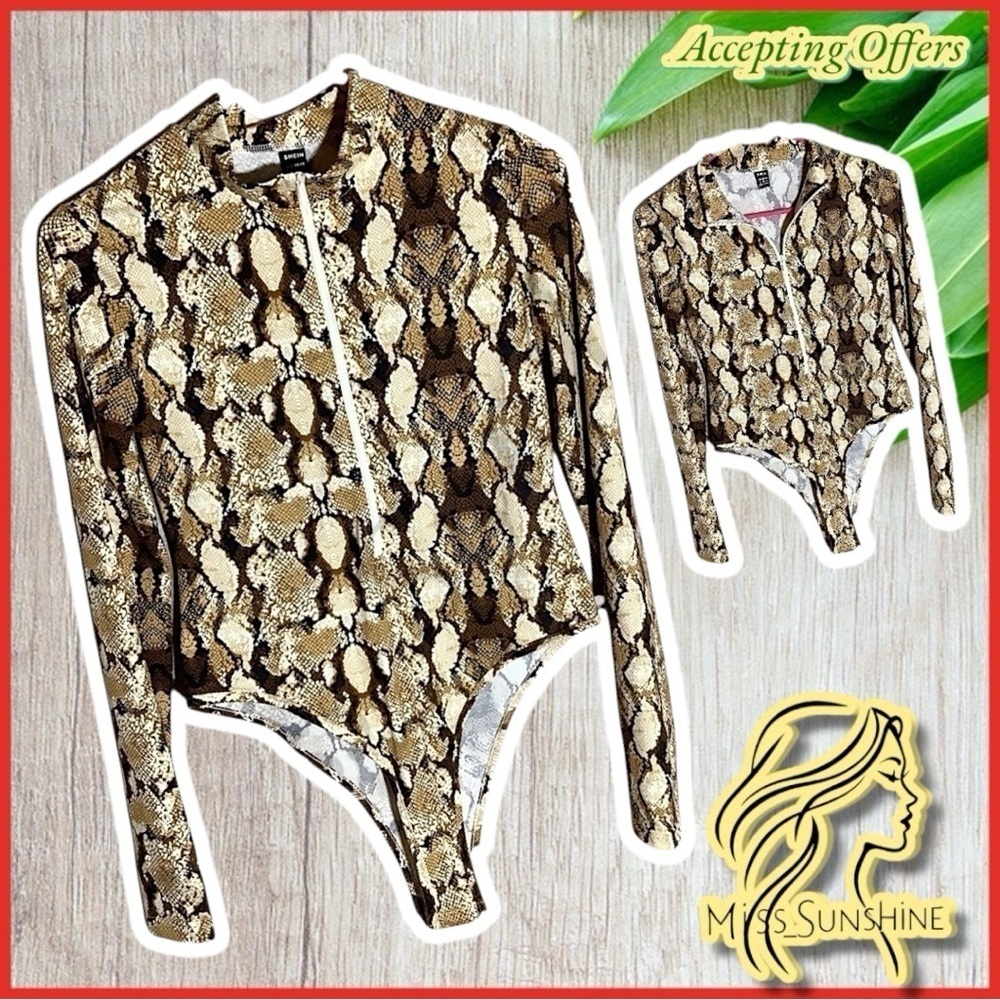 SHEIN - Sz M - long sleeve snake skin pattern stretchy soft bodysuit w/ zipper